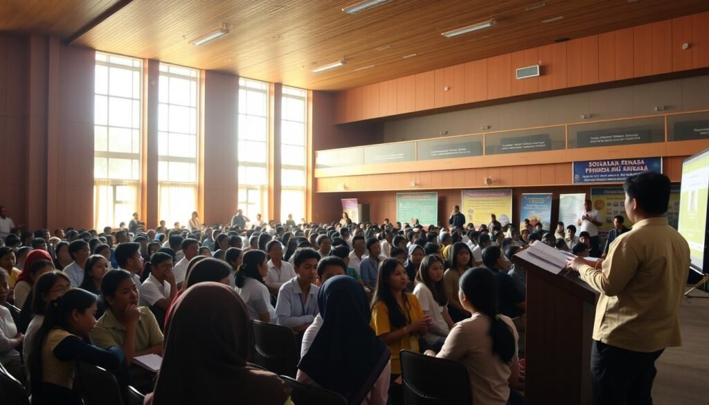 A bustling school hall in Kota Kinabalu, filled with eager students and teachers attending a vibrant "sosialisasi pendidikan menengah" event. The scene is bathed in warm, natural lighting that filters through the tall windows, casting a cozy glow over the proceedings. In the foreground, a presenter stands at a podium, gesturing animatedly as they share information about educational opportunities. The middle ground is populated with rows of attentive attendees, some taking notes, others engaged in lively discussions. In the background, informational displays and banners line the walls, providing a visually engaging backdrop to the event. The overall atmosphere conveys a sense of community, knowledge-sharing, and the promise of bright futures for the students in attendance.