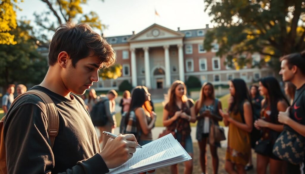 A bustling university campus, with a group of anthropology students engaged in field research. In the foreground, a student carefully takes notes as they observe a local cultural ritual, their brow furrowed in concentration. In the middle ground, a group of classmates discuss their findings, gesturing animatedly. In the background, the stately facade of the anthropology department building stands, bathed in warm, golden afternoon light. The scene conveys a sense of intellectual curiosity, hands-on learning, and the collaborative spirit of the anthropology program.
