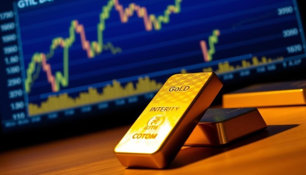 A close-up shot of two gold bullion bars placed on a desk, with a chart of gold prices and interest rates projected on the wall behind them. The lighting is warm and focused, casting subtle shadows that highlight the luster of the gold. The chart in the background is crisp and clear, displaying historical data and projections for the relationship between gold prices and interest rates. The overall mood is one of careful analysis and financial decision-making, reflecting the factors that influence the price of gold.