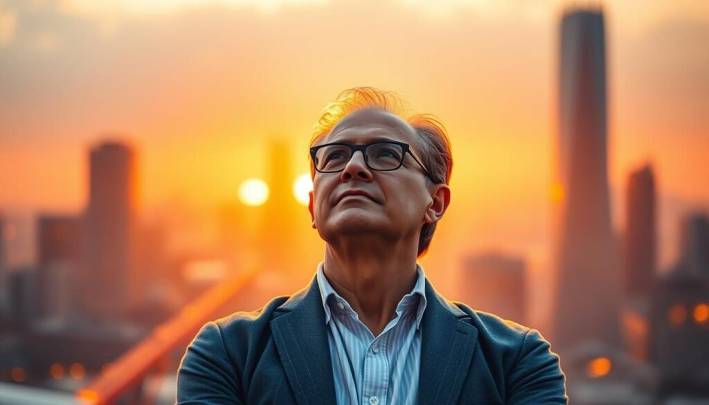 A global-minded leader stands confidently, their gaze fixed on the horizon. The scene is illuminated by warm, golden light, casting a sense of wisdom and purpose. In the background, a blurred cityscape symbolizes the interconnected world they navigate, while a faint aura of leadership and vision surrounds them. The composition is balanced, with the subject occupying the central focus, conveying their authority and ability to guide others. The overall atmosphere exudes a sense of vision, determination, and a commitment to shaping a better future.