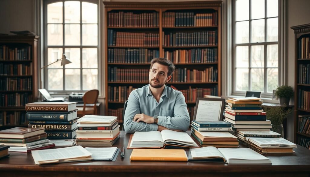 A serene academic setting, featuring a wooden desk adorned with various sources of anthropological funding - scholarships, grants, and endowments. Soft natural lighting filters through tall windows, casting a warm glow on the assortment of books, papers, and research materials. In the middle ground, a thoughtful academic ponders the different avenues of financial support for their anthropological studies, surrounded by the tools of their trade. The background showcases a bookshelf filled with volumes on cultural, social, and archaeological anthropology, hinting at the breadth of this scholarly discipline. The overall atmosphere conveys the intellectual rigor and dedication inherent in pursuing anthropological research and education.
