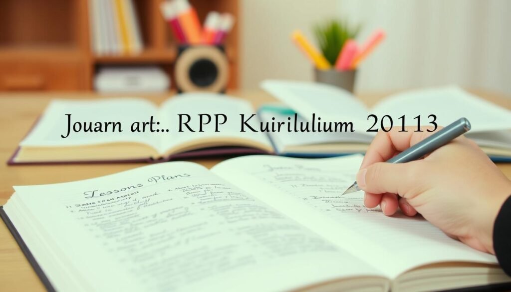 A serene, well-organized journal spread featuring a title "Jurnal RPP Kurikulum 2013" in a classic serif font, set against a soft, warm-toned background. In the foreground, a teacher's hand carefully writes lesson plans and reflections in a structured, cursive style. The middle ground showcases an open textbook and a set of carefully arranged school supplies, conveying a sense of diligence and learning. The background gently fades into a blurred, cozy workspace, hinting at the wider context of educational planning and development. The overall scene exudes a mood of professionalism, organization, and dedication to the craft of teaching.
