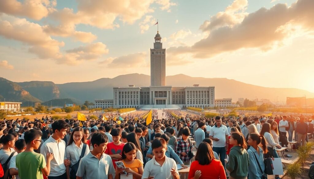 A sweeping panoramic view of a modern education landscape, bathed in warm golden light. In the foreground, a group of diverse students of all ages and backgrounds, engaged in lively discussions and collaborative learning activities. In the middle ground, rows of well-equipped classrooms and state-of-the-art learning facilities, with teachers guiding their students. In the distance, a towering, majestic school building, its architecture a harmonious blend of traditional and contemporary elements, symbolizing the 13-year compulsory education program. The scene conveys a sense of opportunity, progress, and equal access to quality education for all.