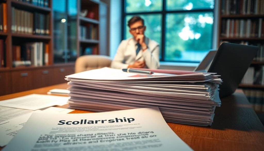 A tranquil academic setting with a wooden desk, scattered documents, and a laptop. In the foreground, a stack of folders labeled "Scholarship Criteria" sits atop the desk, illuminated by soft, directional lighting. The middle ground features a thoughtful scholar, pen in hand, contemplating the selection process. In the background, a bookshelf filled with references and a window offering a serene, natural view create a contemplative atmosphere. The overall scene conveys the diligence and care required in evaluating scholarship applicants.