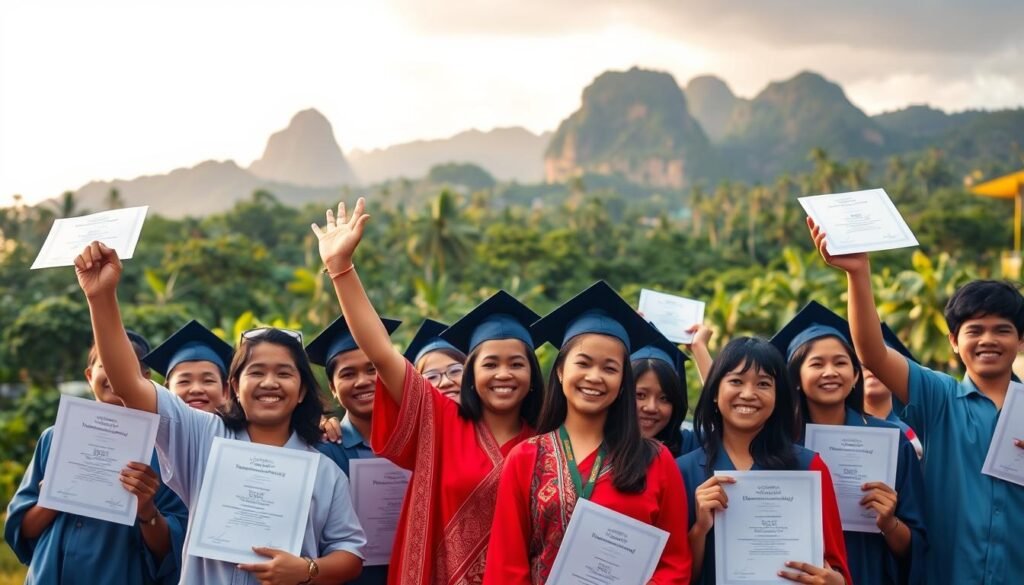 A vibrant and inspirational scene of academic achievement among students from Papua, Indonesia. In the foreground, a group of smiling and determined students, dressed in traditional Papuan attire, hold their diplomas and awards high, celebrating their hard-earned successes. The middle ground features a lush, verdant landscape of tropical foliage, with towering mountains in the distance, symbolizing the challenges they have overcome. Soft, warm lighting casts a glow over the scene, conveying a sense of pride, optimism, and the transformative power of education. The overall atmosphere is one of joy, empowerment, and the promise of a brighter future for the students and their community.