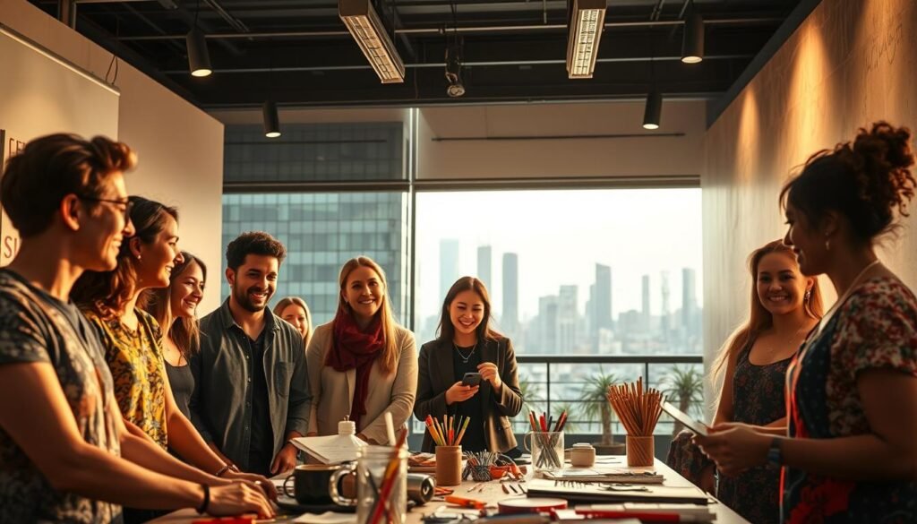 A vibrant, dynamic scene depicting a new definition of "social creativity". In the foreground, a diverse group of individuals - artists, thinkers, and innovators - engaged in animated discussion, their faces alight with inspiration. The middle ground features an array of creative tools and materials, symbolizing the collaborative, hands-on nature of their work. In the background, an urban landscape with sleek, modern architecture serves as a backdrop, hinting at the progressive, forward-thinking nature of this social creative movement. Soft, diffused lighting casts a warm, contemplative glow over the entire scene, evoking a sense of possibility and progress. Captured through a wide-angle lens, the composition emphasizes the interconnectedness and collective energy of this "new social creative" community.