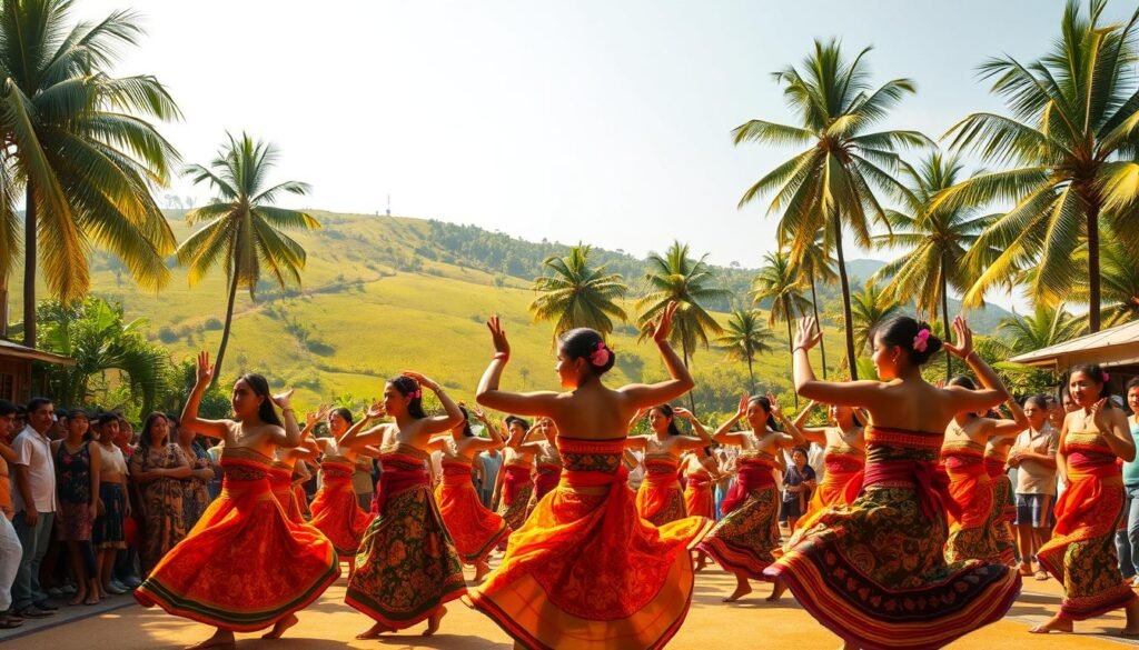 A vibrant, energetic scene of a traditional Pacu Jalur dance performance. In the foreground, a group of dancers in colorful, flowing costumes energetically move to the rhythmic beats of traditional music. Their graceful, synchronised movements create a captivating visual spectacle. In the middle ground, a crowd of onlookers, their expressions a mix of awe and excitement, surround the performers. The background features a lush, verdant landscape with towering palm trees, creating a lively, tropical atmosphere. The lighting is warm and natural, casting a golden glow over the entire scene, heightening the sense of energy and celebration. The camera angle is slightly elevated, providing a panoramic view of the vibrant, immersive performance.
