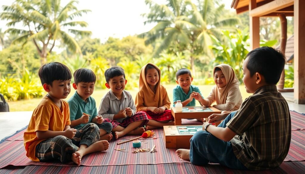 A vibrant scene of Indonesian children engaged in meaningful activities, capturing the essence of their unique cultural upbringing. In the foreground, a group of young students sit cross-legged on the floor, immersed in traditional arts and crafts, their faces alight with concentration. In the middle ground, a lively game of congklak, a beloved Indonesian board game, unfolds, with children's laughter echoing through the air. The background depicts a serene outdoor setting, with lush greenery and a clear sky overhead, conveying a sense of harmony and connection with nature. The lighting is warm and natural, casting a gentle glow on the scene, evoking a mood of tranquility and community. The overall composition reflects the strong emphasis on character development and the preservation of cultural traditions in Indonesian education.