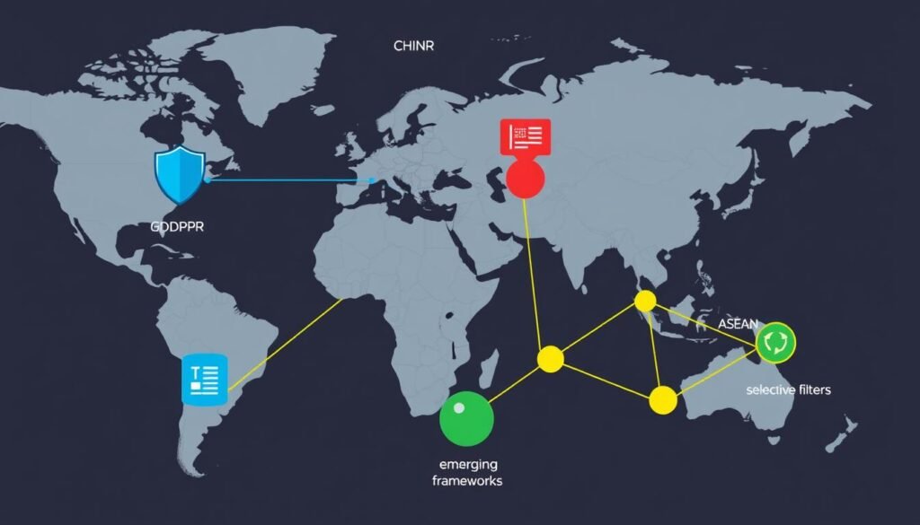 Ilustrasi aliran data lintas batas dengan berbagai model regulasi data global Ilustrasi aliran data lintas batas dengan berbagai model regulasi data global