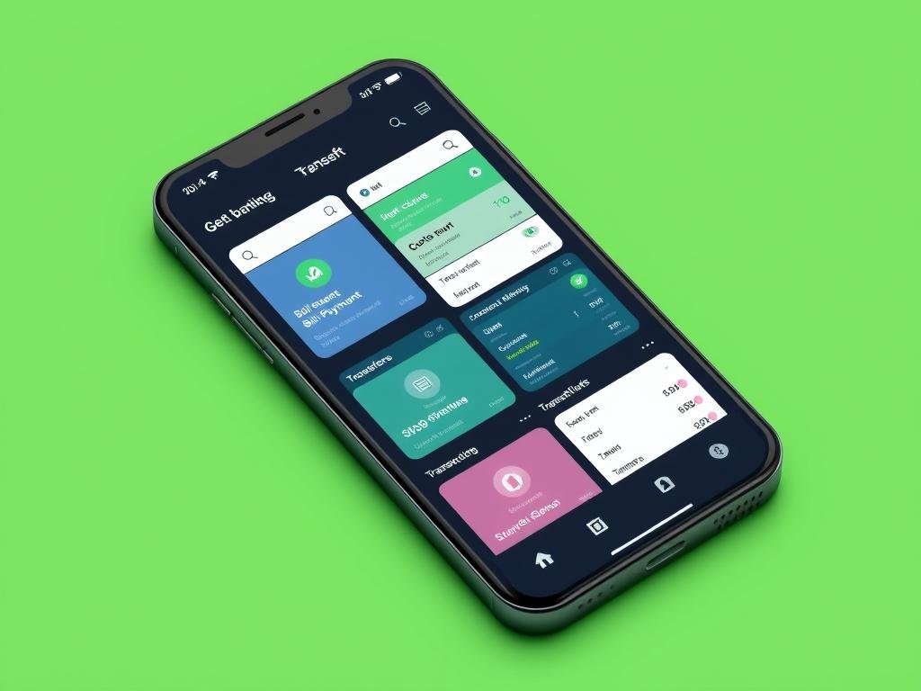 Ilustrasi aplikasi Mobile Banking dan fitur-fitur pembayaran digital Ilustrasi aplikasi Mobile Banking dan fitur-fitur pembayaran digital