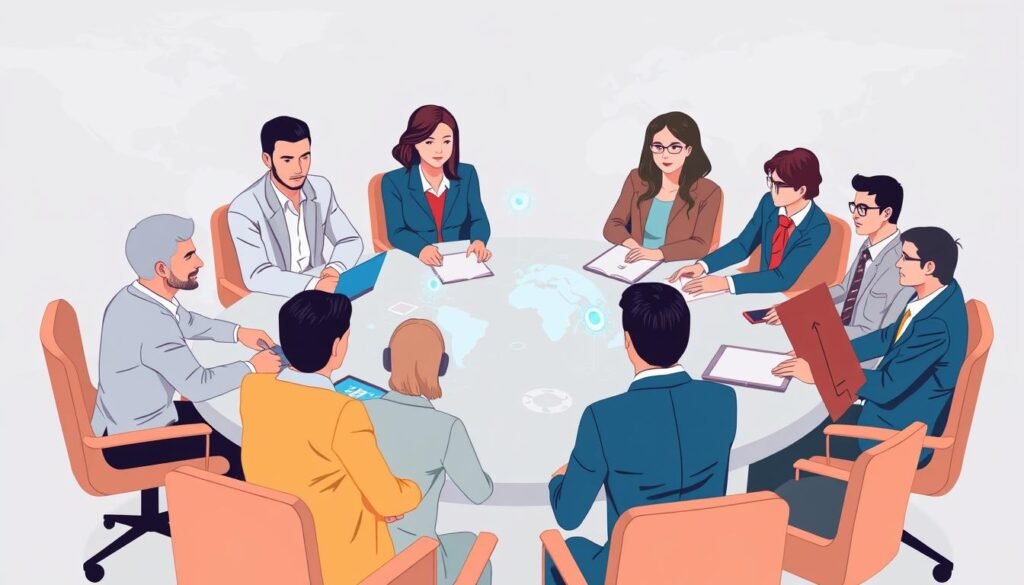 Ilustrasi kolaborasi multi-stakeholder dalam tata kelola teknologi global Ilustrasi kolaborasi multi-stakeholder dalam tata kelola teknologi global