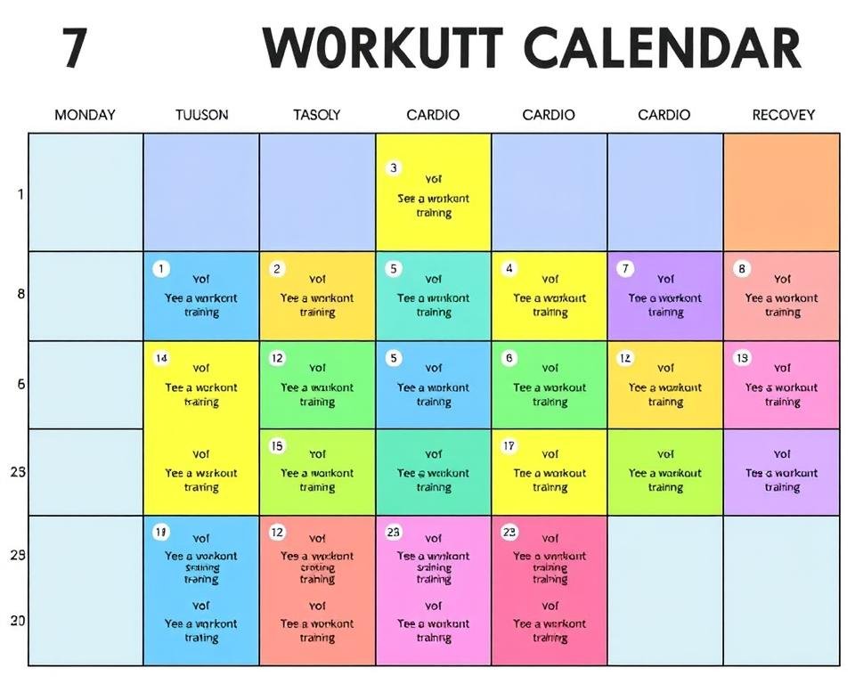 Visualisasi jadwal latihan mingguan dengan pembagian 3 hari strength, 2 hari cardio, 2 hari recovery Visualisasi jadwal latihan mingguan dengan pembagian 3 hari strength, 2 hari cardio, 2 hari recovery