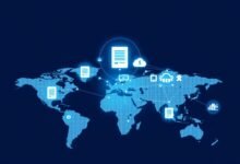 Visualisasi konvergensi teknologi dan kebijakan internasional menampilkan jaringan global dengan simbol-simbol teknologi dan kebijakan