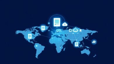 Visualisasi konvergensi teknologi dan kebijakan internasional menampilkan jaringan global dengan simbol-simbol teknologi dan kebijakan