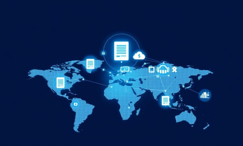 Visualisasi konvergensi teknologi dan kebijakan internasional menampilkan jaringan global dengan simbol-simbol teknologi dan kebijakan
