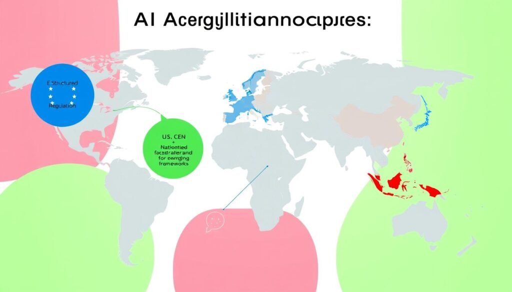 Visualisasi regulasi AI global menunjukkan peta dunia dengan pendekatan regulasi berbeda di berbagai kawasan Visualisasi regulasi AI global menunjukkan peta dunia dengan pendekatan regulasi berbeda di berbagai kawasan