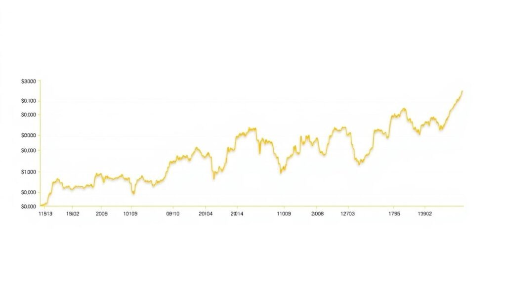 a highly detailed, realistic, and visually stunning graph depicting the historical price movements of gold (emas), presented against a clean, minimalist background. The graph should feature crisp, well-defined lines and curves that clearly illustrate the fluctuations in gold prices over time. The data visualisation should convey a sense of professionalism and authority, with a focus on providing clear, insightful information. The overall composition should be balanced and aesthetically pleasing, with a neutral colour palette that complements the subject matter. The image should be devoid of any distracting elements, allowing the viewer to focus solely on the compelling data presentation.