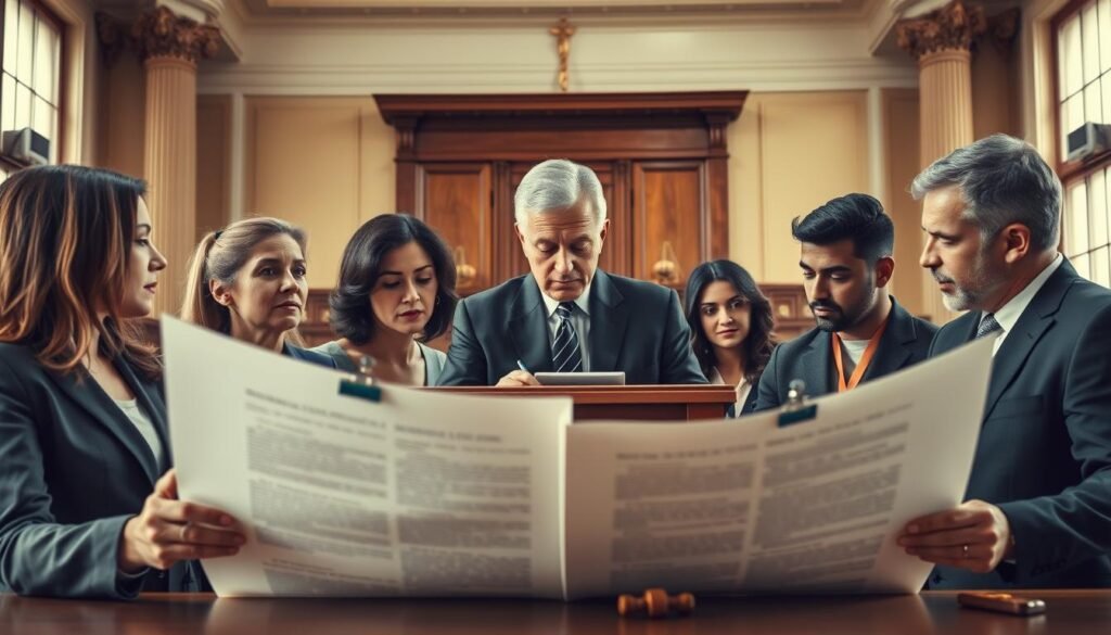 A dramatic, thought-provoking scene depicting three controversial legal cases symbolized by three distinct elements in a courtroom setting. In the foreground, a diverse group of professional figures in business attire passionately discussing a large open legal document, their expressions reflecting debate and determination. In the middle ground, a solemn judge presides over the courtroom, gazing thoughtfully at the parties involved, while evidence related to the cases is subtly displayed on clips around the room. The background features the majestic architecture of the courtroom, with high ceilings and large windows allowing soft, natural light to illuminate the scene. The overall atmosphere conveys tension and urgency, emphasizing the significance of legal reforms and their societal impact, with a sharp focus and warm tones to create an engaging image.