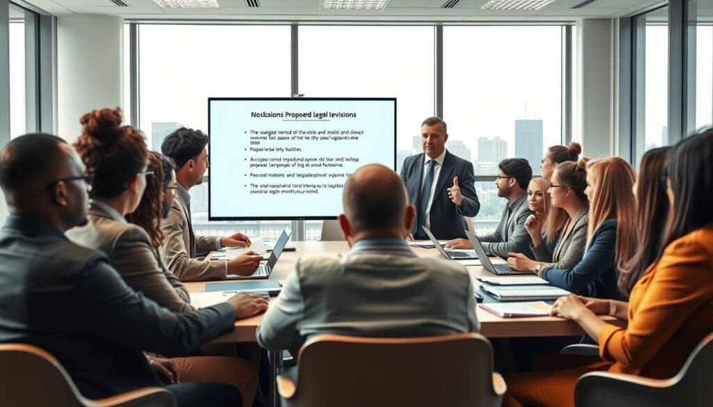 A lively public consultation scene depicting the participatory process in revising legislation. In the foreground, a diverse group of engaged citizens, both men and women of various ethnic backgrounds, are gathered around a large table filled with documents and laptops, wearing professional business attire. The middle ground features a government official, confidently addressing the group, gesturing towards a digital presentation displaying key points of the proposed legal revisions. In the background, a bright and airy conference room filled with natural light from large windows, showcasing a city skyline. The atmosphere is collaborative and dynamic, conveying a sense of urgency and importance. The image captures the essence of public involvement in legislative changes with a focus on dialogue and interaction.
