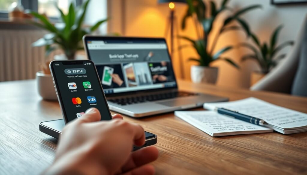 A modern and sleek smartphone displaying multiple banking and transfer apps on its home screen, placed on a stylish wooden desk. In the foreground, a hand reaching towards the phone, symbolizing the action of choosing the right app. The middle ground features a laptop open to a banking website, alongside a notepad with handwritten notes on app features and benefits. In the background, a soft-focus indoor environment with plants and warm lighting, evoking a sense of comfort and professionalism. The overall mood is focused and informative, conveying security and ease in digital finance. Use a soft, natural light source to create a welcoming atmosphere, with a shallow depth of field to emphasize the phone and the hand. A modern and sleek smartphone displaying multiple banking and transfer apps on its home screen, placed on a stylish wooden desk. In the foreground, a hand reaching towards the phone, symbolizing the action of choosing the right app. The middle ground features a laptop open to a banking website, alongside a notepad with handwritten notes on app features and benefits. In the background, a soft-focus indoor environment with plants and warm lighting, evoking a sense of comfort and professionalism. The overall mood is focused and informative, conveying security and ease in digital finance. Use a soft, natural light source to create a welcoming atmosphere, with a shallow depth of field to emphasize the phone and the hand.