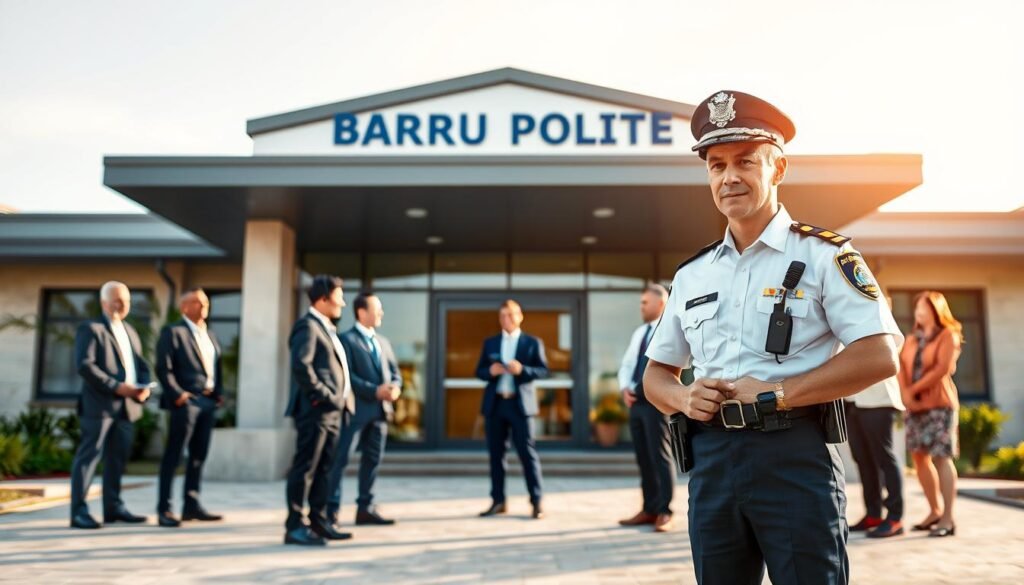 A professional police officer standing confidently in front of the Barru Police Station, wearing a crisp uniform, symbolizing transparency and integrity in law enforcement. The officer is interacting with a diverse group of community members, including men and women of various ages, all dressed in smart casual attire to signify community engagement. In the background, the modern architecture of the police station is bathed in soft morning light, creating a warm and approachable atmosphere. The sky is clear, invoking a sense of trust and openness. The scene captures a moment of dialogue, emphasizing the significance of communication between the police force and the community, with the overall mood reflecting a commitment to transparency and accountability in policing.