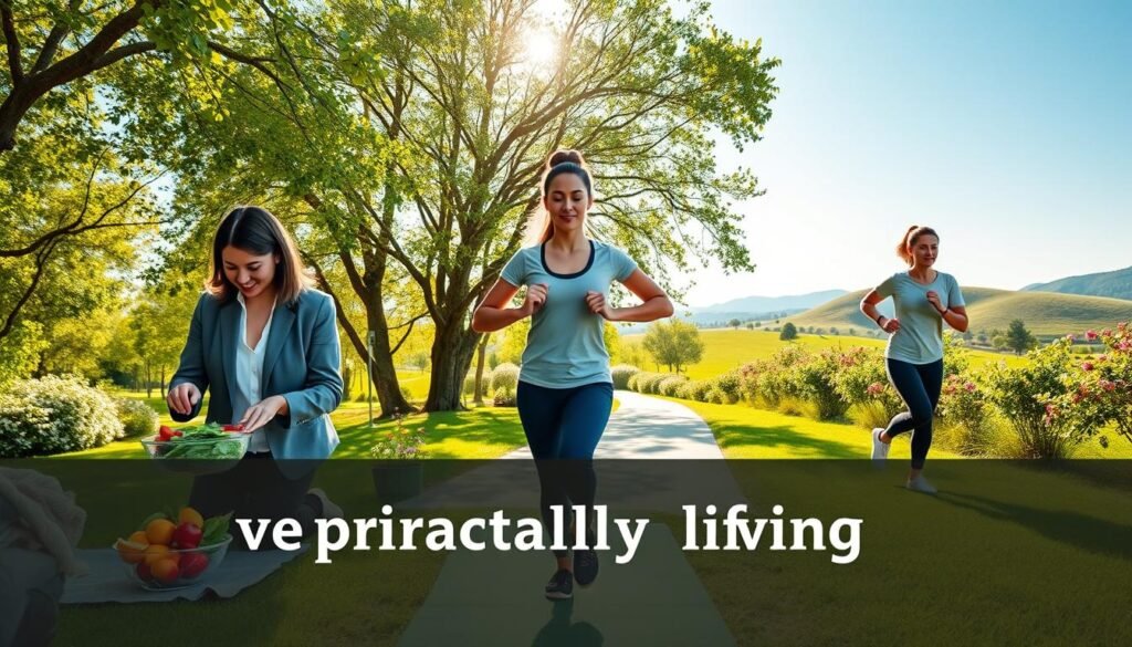 A serene and inviting scene showcasing five practical steps for healthy living. In the foreground, a diverse group of three individuals in professional casual attire engage in various healthy activities: one is preparing a vibrant salad, another is practicing yoga on a mat, and the third is jogging on a path surrounded by green trees. In the middle, a sun-drenched park setting with blooming flowers and soft sunlight filtering through the leaves creates an uplifting atmosphere. In the background, gentle hills roll off into a clear blue sky, symbolizing tranquility and natural beauty. The overall mood is positive and motivational, emphasizing well-being and harmony with nature. Use natural lighting to enhance the warm tones and vibrant colors throughout the scene.