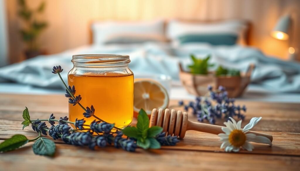 A serene and inviting scene showcasing the health benefits of honey for both physical and mental well-being. In the foreground, a small glass jar of golden honey, with a honey dipper resting beside it, glistens in soft, warm light. A sprig of lavender and a few lemon slices lay elegantly around the jar, symbolizing tranquility and energy. In the middle ground, a simple wooden table is adorned with fresh herbs like mint and chamomile, enhancing the natural, wellness theme. The background features a soft-focus view of a cozy, warmly-lit bedroom, suggesting a restful atmosphere ideal for sleep. The overall mood is calming and nurturing, evoking a sense of peace and health. The image captures a close-up perspective to highlight the textures and colors of the honey and natural elements.