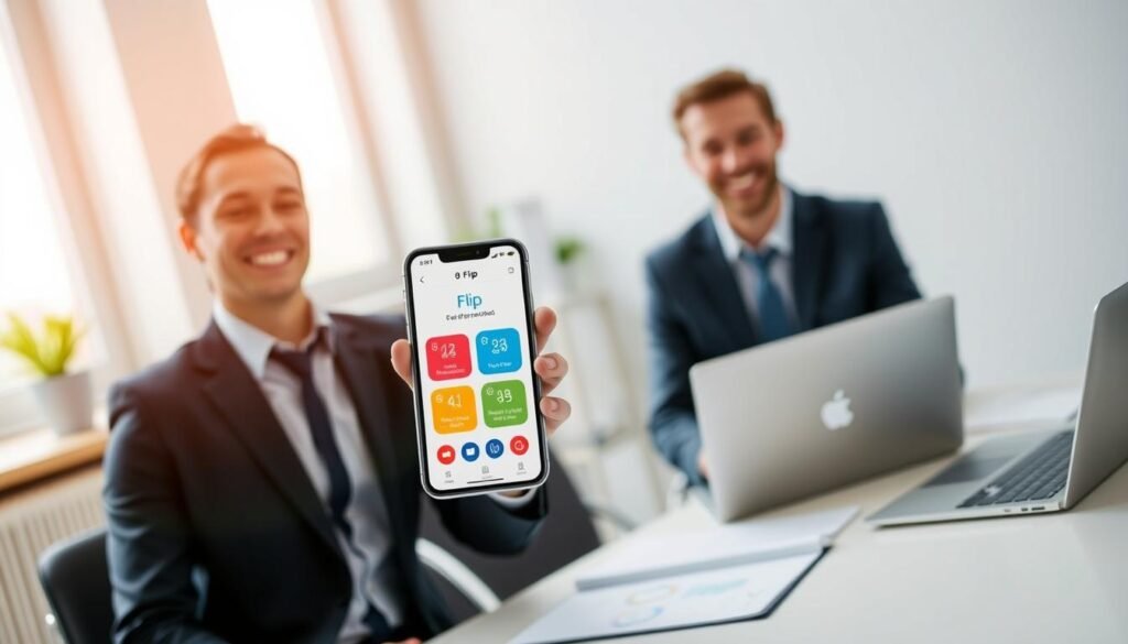 A sleek smartphone displaying the Flip app interface on its screen, prominently featuring design elements like a clean layout, vibrant colors, and intuitive navigation buttons. In the foreground, a business professional in smart casual attire is holding the phone, looking satisfied while using the app. The middle ground includes a modern workspace setting with a stylish desk, a laptop, and some financial documents, indicating a productive environment. In the background, soft, natural light streams in through a window, creating an inviting and warm atmosphere. The overall mood is optimistic and efficient, reflecting the theme of easy, cost-free bank transfers with confidence and security. The focus is sharp on the phone screen with a slight blur on the background to emphasize the Flip app's significance. A sleek smartphone displaying the Flip app interface on its screen, prominently featuring design elements like a clean layout, vibrant colors, and intuitive navigation buttons. In the foreground, a business professional in smart casual attire is holding the phone, looking satisfied while using the app. The middle ground includes a modern workspace setting with a stylish desk, a laptop, and some financial documents, indicating a productive environment. In the background, soft, natural light streams in through a window, creating an inviting and warm atmosphere. The overall mood is optimistic and efficient, reflecting the theme of easy, cost-free bank transfers with confidence and security. The focus is sharp on the phone screen with a slight blur on the background to emphasize the Flip app's significance.