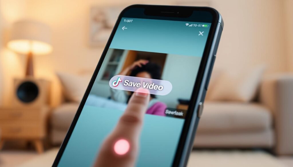 A smartphone screen displaying the TikTok interface with the "Save Video" feature prominently highlighted. In the foreground, the phone is artistically angled to show the vibrant TikTok app with a sample video playing, the "Save Video" button glowing gently. The middle layer features a blurred hand reaching towards the button, suggesting interaction. The background includes a soft-focus room environment, intelligently lit with warm, inviting lighting that conveys a cozy atmosphere. The space should feature neutral colors, like beige and light gray, to maintain focus on the phone and the TikTok app. The mood is informative yet engaging, aiming to illustrate the process of downloading videos from TikTok.