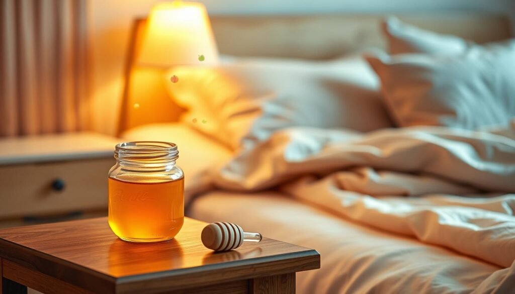 A tranquil bedroom scene illustrating the benefits of honey for body metabolism before sleep. In the foreground, a small wooden bedside table holds an open jar of golden honey, a honey dipper resting beside it. The middle ground features a soft, inviting bed with plush pillows and a warm blanket, emphasizing relaxation. In the background, a softly glowing bedside lamp casts a gentle light, creating a cozy atmosphere. Subtle representations of metabolism, like stylized images of fruits and gentle swirling energy, float softly around the honey jar. The colors are warm and soothing, using shades of amber and soft pastels to evoke a sense of calm and wellness. The image should captured from a slightly elevated angle, inviting viewers into this peaceful, health-focused night routine.