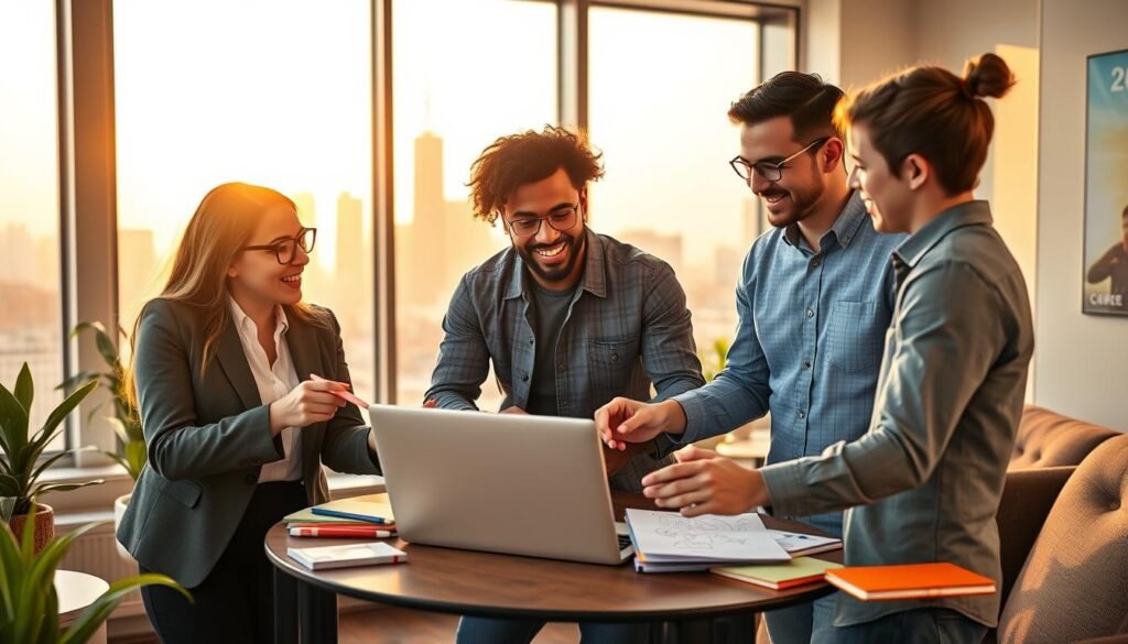 A vibrant scene depicting innovative young entrepreneurs brainstorming creative business ideas for 2025. In the foreground, a diverse group of three young adults in professional attire—a woman in a smart blazer, a man in a stylish shirt, and another person in casual yet neat clothing—are engaged in an animated discussion around a laptop and a notepad filled with sketches. The middle ground features a cozy, modern workspace with colorful stationery and design elements. In the background, a large window reveals a futuristic city skyline bathed in warm sunlight, evoking a sense of optimism and opportunity. The mood is inspiring and dynamic, with a focus on collaboration and creativity. The image is well-lit, emphasizing the lively atmosphere. A vibrant scene depicting innovative young entrepreneurs brainstorming creative business ideas for 2025. In the foreground, a diverse group of three young adults in professional attire—a woman in a smart blazer, a man in a stylish shirt, and another person in casual yet neat clothing—are engaged in an animated discussion around a laptop and a notepad filled with sketches. The middle ground features a cozy, modern workspace with colorful stationery and design elements. In the background, a large window reveals a futuristic city skyline bathed in warm sunlight, evoking a sense of optimism and opportunity. The mood is inspiring and dynamic, with a focus on collaboration and creativity. The image is well-lit, emphasizing the lively atmosphere.