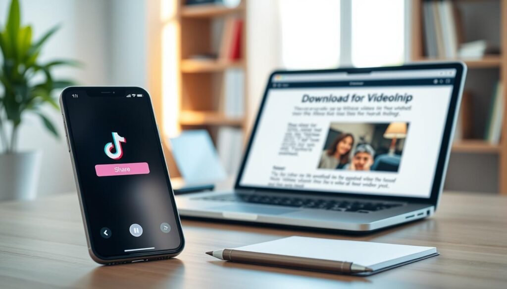 A well-defined and engaging scene depicting the steps to copy a TikTok video link, set against a professional workspace backdrop. In the foreground, a modern smartphone displaying the TikTok app interface, with the share button highlighted. The middle layer features a sleek laptop open to a tutorial page on downloading videos without watermarks. Arrange essential elements like a notepad and a pen elegantly beside the laptop. The background includes a soft-focus bookshelf, adding to the professional atmosphere. Natural light streams softly through a window, creating a warm and inviting mood. The image should capture clarity, organization, and a sense of ease in following the steps, reflecting a straightforward and helpful tutorial setting.