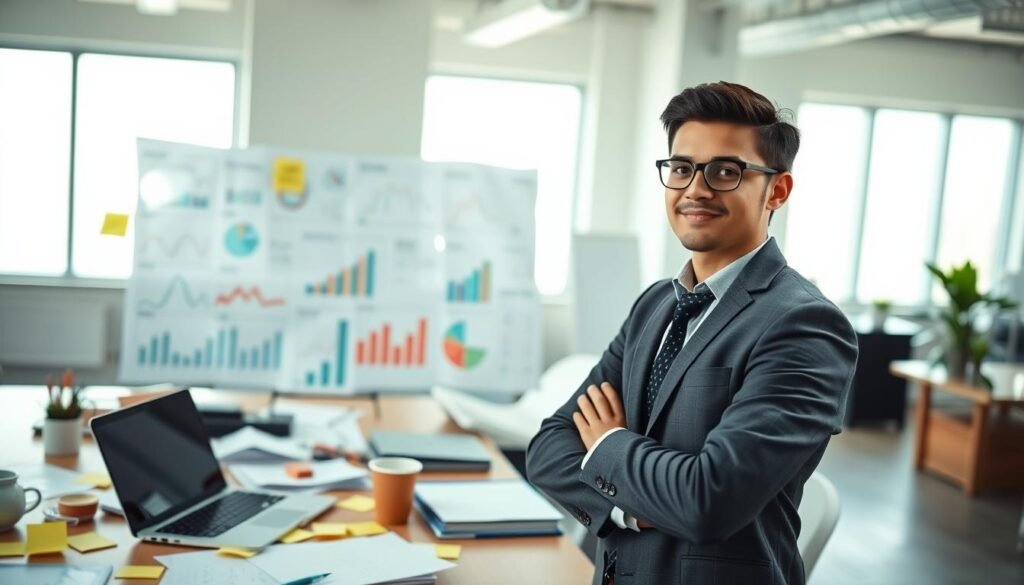 A young entrepreneur in the foreground, dressed in smart casual attire, stands confidently at a desk cluttered with a laptop, notepad, and coffee cup, symbolizing a limited budget. In the middle ground, diverse charts and graphs illustrate a business strategy, with sticky notes scattered around, showcasing brainstorming ideas. The background features a modern office space with bright natural light streaming through large windows, creating a motivating atmosphere. Soft shadows enhance the depth of the scene, captured with a shallow depth of field to emphasize the entrepreneur's focused expression on the journey of starting a business with limited resources. The overall mood is inspiring and forward-thinking, highlighting the spirit of youthful ambition and resourcefulness in entrepreneurship. A young entrepreneur in the foreground, dressed in smart casual attire, stands confidently at a desk cluttered with a laptop, notepad, and coffee cup, symbolizing a limited budget. In the middle ground, diverse charts and graphs illustrate a business strategy, with sticky notes scattered around, showcasing brainstorming ideas. The background features a modern office space with bright natural light streaming through large windows, creating a motivating atmosphere. Soft shadows enhance the depth of the scene, captured with a shallow depth of field to emphasize the entrepreneur's focused expression on the journey of starting a business with limited resources. The overall mood is inspiring and forward-thinking, highlighting the spirit of youthful ambition and resourcefulness in entrepreneurship.